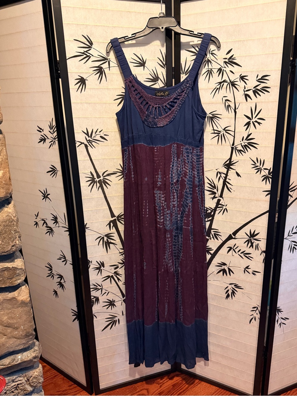 lola P. Navy and Burgundy Maxi Dress with Crochet Detail